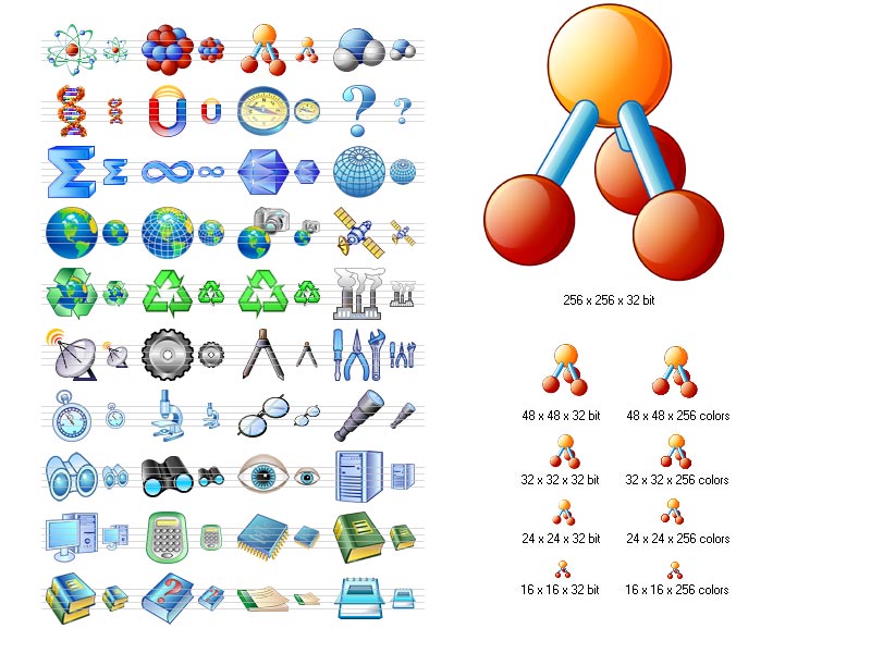 Stock icons representing scientific concepts and objects